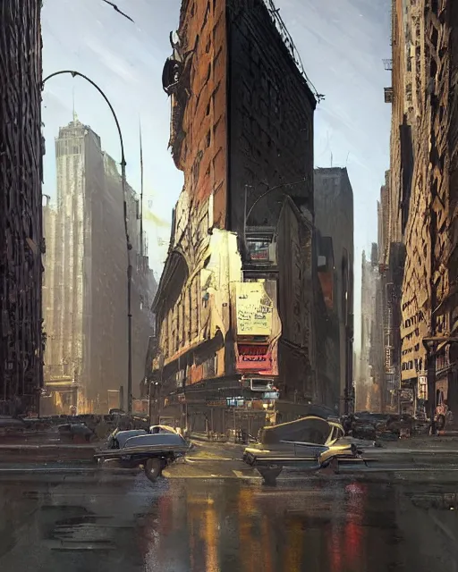 Image similar to a highly detailed epic cinematic concept art CG render digital painting artwork: 1950’s New York. By Greg Rutkowski, in the style of Francis Bacon and Syd Mead and Norman Rockwell and Beksinski, open ceiling, highly detailed, painted by Francis Bacon and Edward Hopper, painted by James Gilleard, surrealism, airbrush, Ilya Kuvshinov, WLOP, Stanley Artgerm, very coherent, triadic color scheme, art by Takato Yamamoto and James Jean