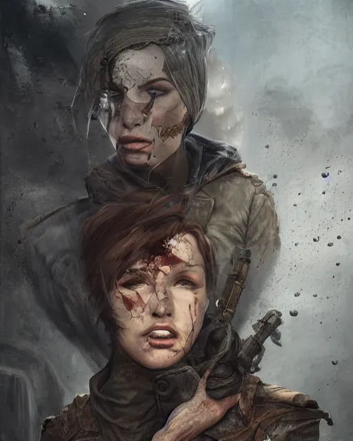 Image similar to battle hardened, charismatic, rugged fallout 5 female character, face centered portrait, confident, ruined cityscape, fog, rain, volumetric lighting, illustration, perfectly shaded, soft painting, art by mark kent, jordan lamarre - wan, igor kieryluk, maxim verehin, miranda meeks