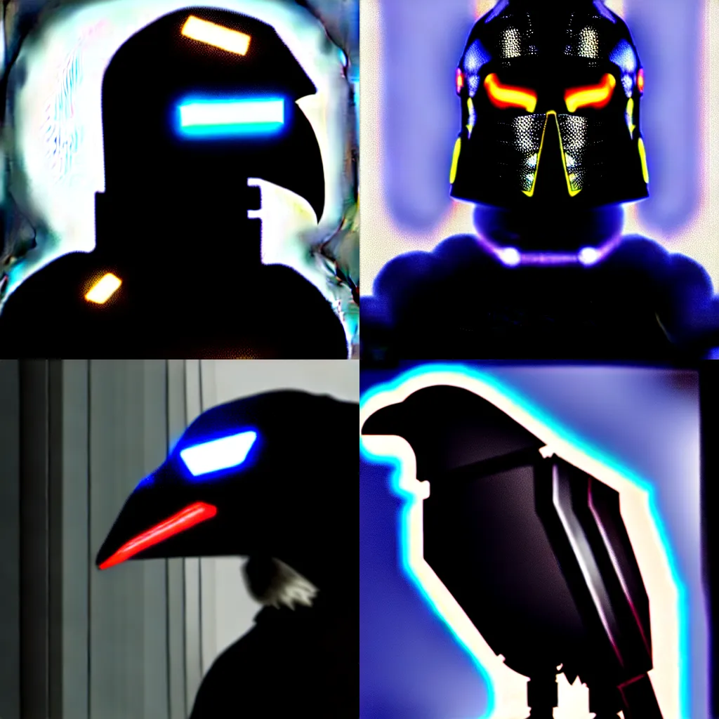 Prompt: crow wearing cybernetic battle armour, portrait, leds, realistic reflections, dramatic lighting