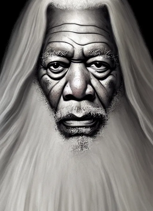 Prompt: portrait of morgan freeman as evil saurman the white, long white hair and white beard, long white flowing robes, long black wizard staff by alan lee, lord of the rings, smooth, oil painting, matte painting, concept art, trending on artstation, promotional artwork, film still, elegant, photorealistic facial features, intricate, detailed face, cinematic lighting