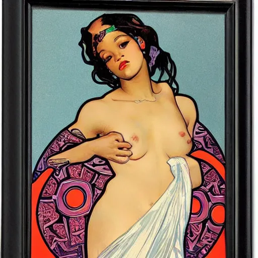 Image similar to Rihanna portrait, art nouveau, alphonse mucha