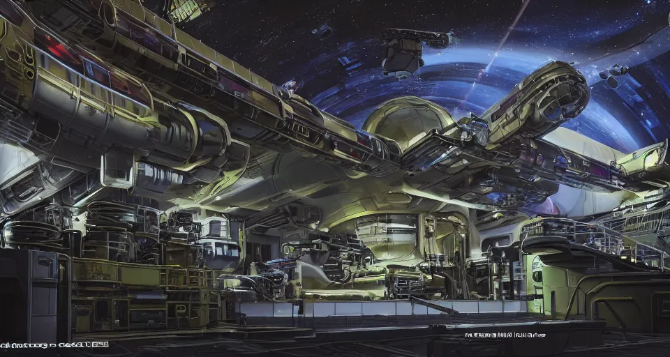Prompt: low key lighting hot colours, chiaroscuro, hyperreal deep space dock mining platform with massive piping inspired by nuclear reactor core maschinen krieger mri machine, chris foss, peter elson, millennium falcon space-station Vuutun Palaa submarine, space-station Vuutun Palaa, ilm, beeple, star citizen halo, mass effect, starship troopers, elysium, the expanse, iron smelting pits, high tech industrial, dramatic nebula sky, volumetric lighting