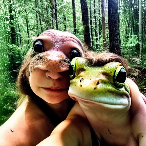 Prompt: selfie of 2 frogs in the forest