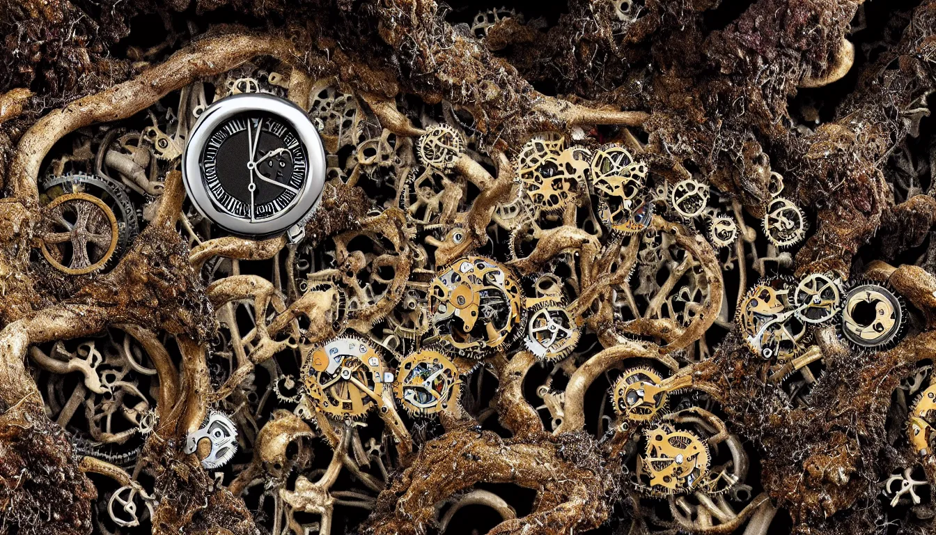 Prompt: detailed view from inside wet ink a clockwork watch bone landscape, entangled roots covered in mushrooms, cracked earth, growing living spore microorganisms, decaying skeletons, rusty, hyper realistic photo, full colour, upscale, 8 k