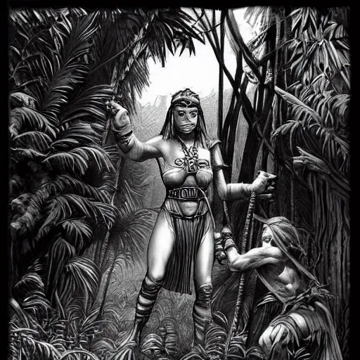 Image similar to mummy walks through the jungle, old school dungeons and dragons art, old school fpr, black and white image