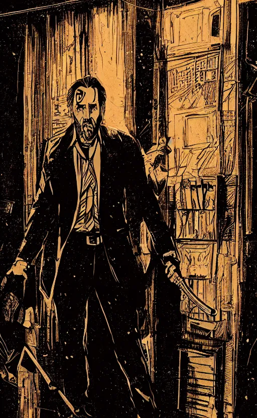 Prompt: mcbess illustration of nicolas cage as john wick dilapidated room, long shadow, dark room, vintage shading, warm colors, by Greg Rutkowski, artstation