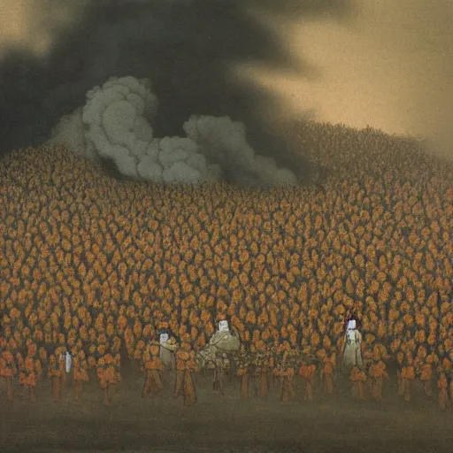 Prompt: a surreal painting of a bleak forest of small japanese bonsai trees on fire, smoke in the sky, people standing around screening and running, ominous, in the style of goya