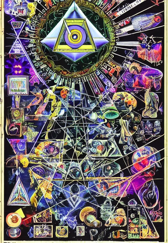 Image similar to simplicity, subgenius, x - day, weird stuff, occult stuff, crystals, illuminati, gem tones, hyperrealism, stage lighting