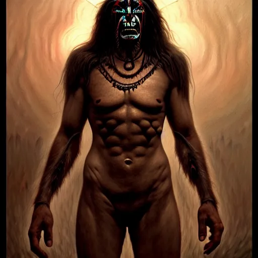 Image similar to evil native american skinwalker transformation, horror demon, heroic lighting, dark fantasy, intricate, elegant, highly detailed, lifelike, photorealistic, digital painting, artstation, illustration, concept art, smooth, sharp focus, art by John Collier and Albert Aublet and Krenz Cushart and Artem Demura and Alphonse Mucha