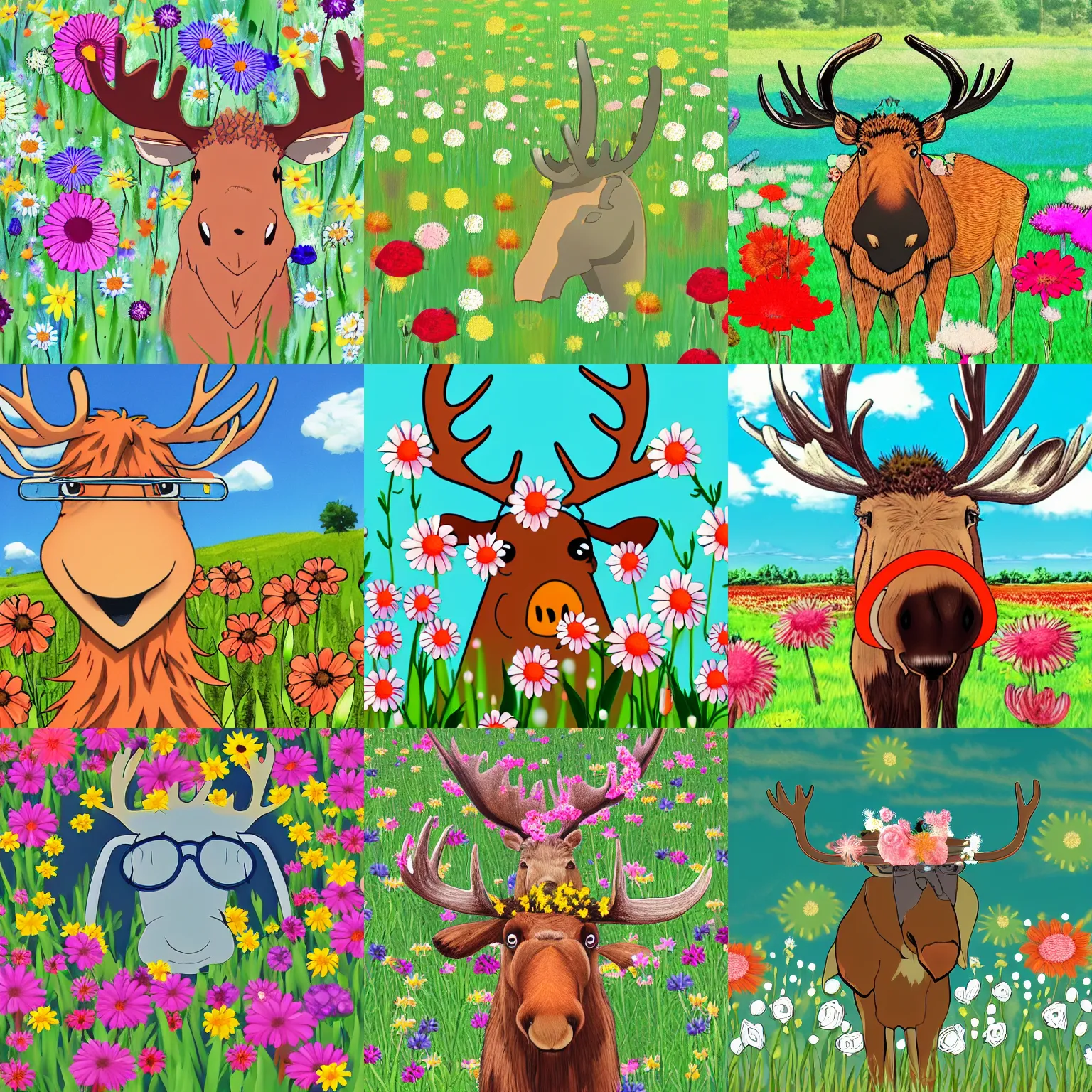 Prompt: a field of flowers with a happy moose wearing glasses in the style of an anime