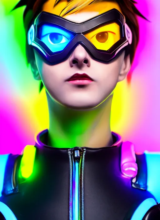 Image similar to full body overwatch style oil painting portrait of tracer overwatch, confident pose, wearing black jagged iridescent rainbow latex armor, rainbow, neon, 4 k, expressive surprised expression, makeup, wearing large rainbow neon choker, studio lighting, acid, trippy, black leather harness, expressive detailed face and eyes,