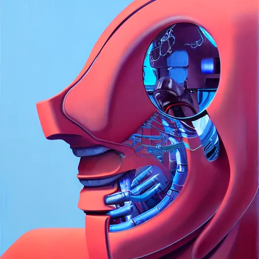 Image similar to Portrait of an artificial intelligence robot,highly detailed, very coherent, painted by Francis Bacon and Edward Hopper, Wayne Barlowe, painted by James Gilleard, surrealism, airbrush, art by JamesJean