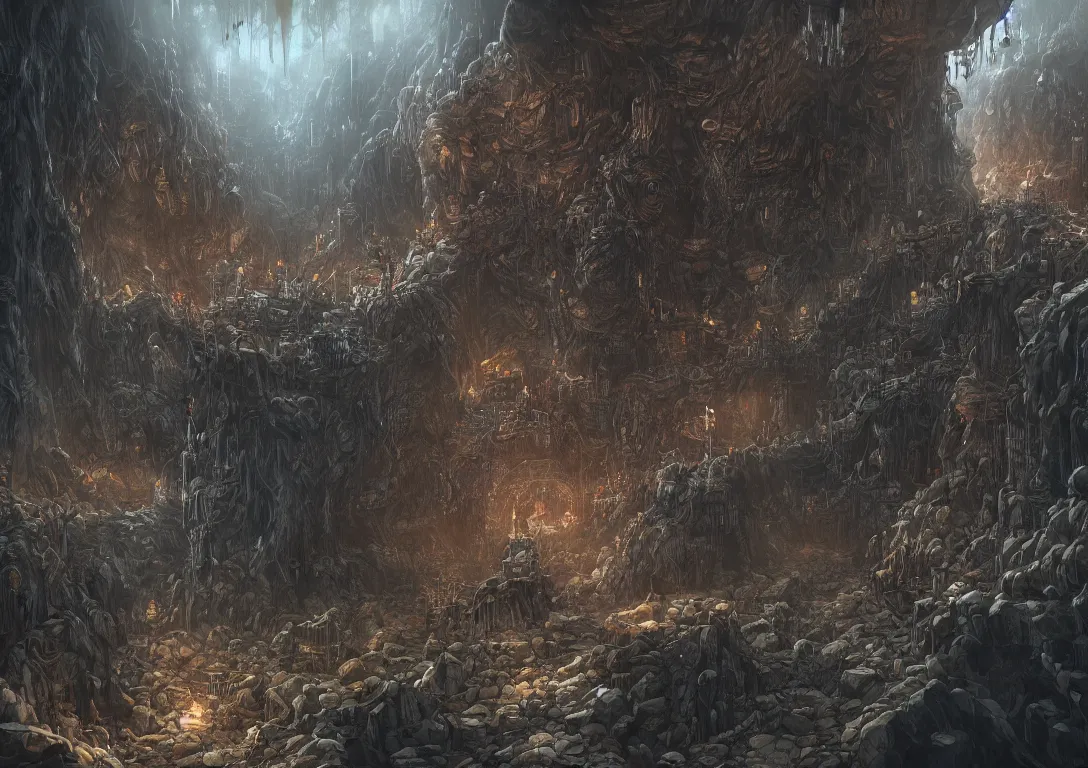 Image similar to deep cavernous mines of the dwarves, stretching down into the abyss, chains, ladders, dark, moody, illustration, artstation award, highly detailed, vast,