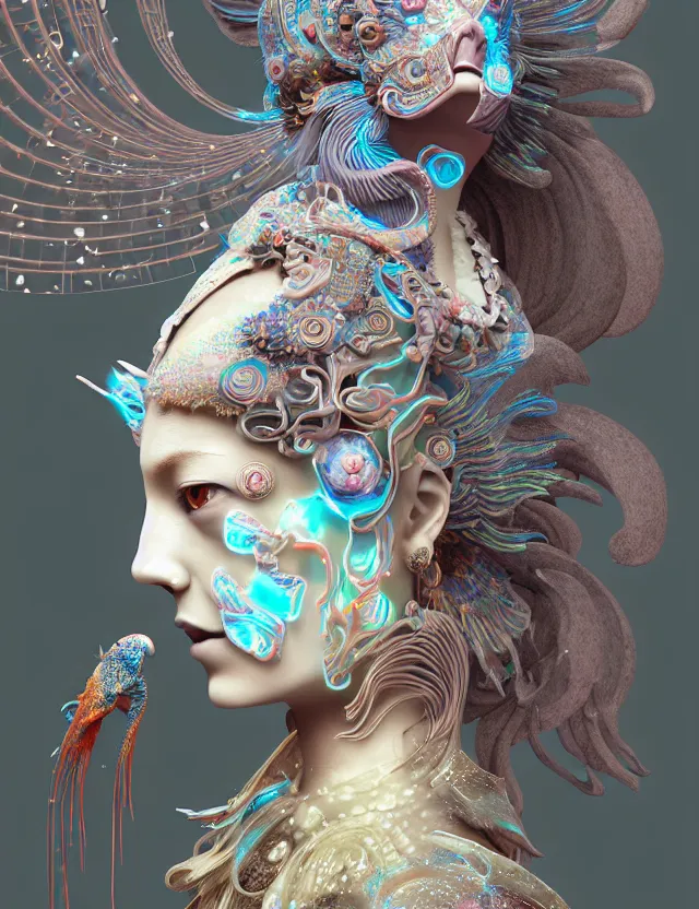 Image similar to 3 d goddess close - up profile solarpunk portrait ram skull. beautiful intricately detailed japanese crow kitsune mask and clasical japanese kimono. betta fish, jellyfish phoenix, fractal flame, holographic, bio luminescent, plasma, ice, water, wind, creature, artwork by tooth wu and wlop and beeple and greg rutkowski