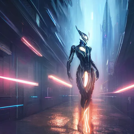 Image similar to photo of tenno from warframe in the style of stefan kostic, realistic, cyberpunk, neon, nighttime, rain storm, body shot, sharp focus, 8 k high definition, insanely detailed, intricate, elegant, art by stanley lau and artgerm, floating embers