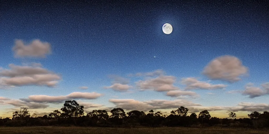 Image similar to skybox clear winter sky with puffy clouds, stars, moon, exr, hdri, polyhaven