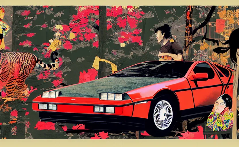 Image similar to a red delorean x a yellow tiger, art by hsiao - ron cheng & utagawa kunisada in magazine collage style # de 9 5 f 0