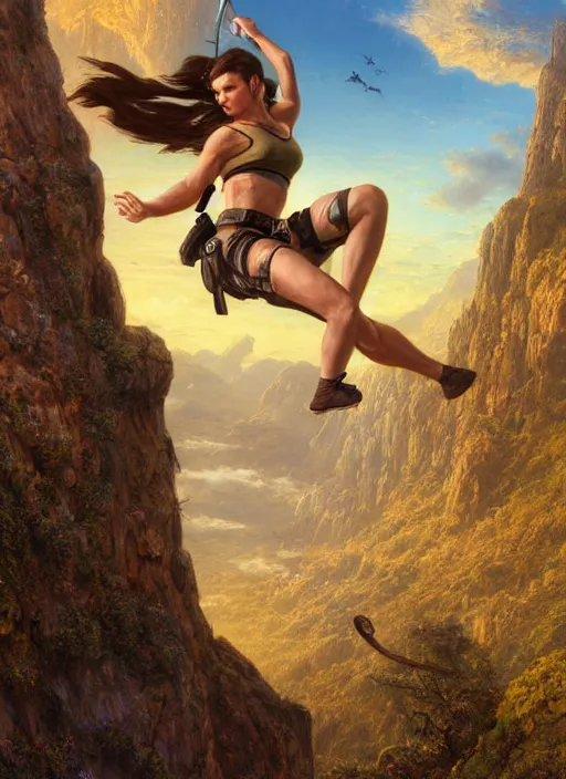 Image similar to Lara Croft climbing a rock, golden hour, Lilia Alvarado, Sophie Anderson, Mark Arian, Bob Byerley, Charlie Bowater, Mark Brooks, Steve Henderson, Justin Gerard, Arthur Hughes, Edward Robert Hughes, Mark Keathley, Victor Nizovtsev, Carlos Shwabe, Ross Tran, WLOP