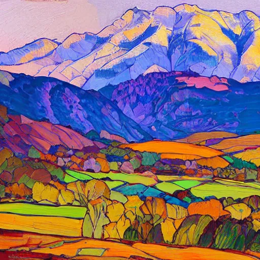 Prompt: autumnal scottish valley view with snowy mountains in the background and piercing blue sky with citrus clouds by erin hanson and tyler edlin