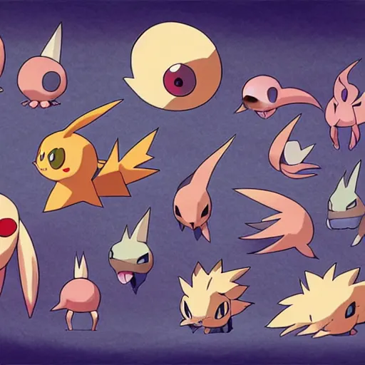 Prompt: New pokemon designs, character sheet, illustrations, studio Ghibli, pokémon, trending artstation, digital art, 8k, anime, highly detailed, realistic