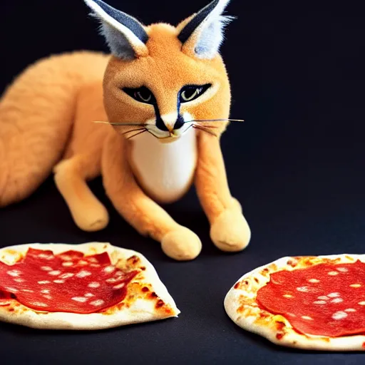 Image similar to a macro photo of cute fluffy caracal toy and a slice of pizza, cheese and pepperoni, hyper realistic, hyper detailed, 35mm, very grainy film, volumetric studio lighting, bokeh, black background award winning shot, vogue magazine, cinematic, 8k, very closeup, elegant, tender, pastel