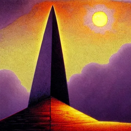 Image similar to by Moebius , landscape of mystic dark cult, monumental giant obelisk, sun light through dark clouds, purple+red+yellow colours, high quality details, one point perspective, deep depth of field