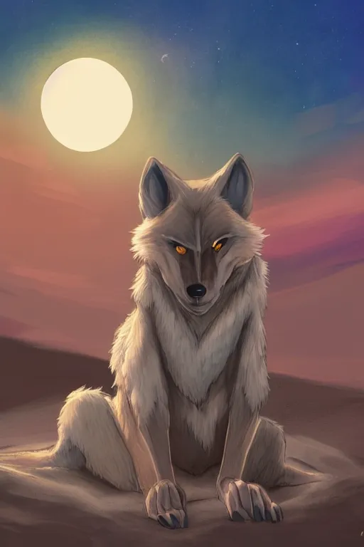 Image similar to anthropomorphic wolf fursona sitting in sand lit by the sunset, furry art, trending on artstation, digital art, kawacy, trending on furaffinity