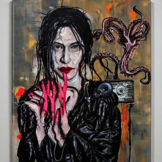 Image similar to a portrait in a dark apartment, rats, a widow holding an octopus, streetlamps, wet, puddles, wild berries, ikebana, neo - expressionism, surrealism, acrylic and spray paint and oilstick on canvas