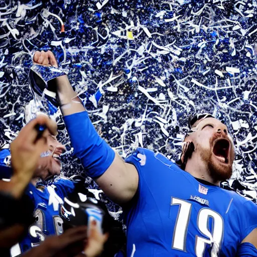 Image similar to detroit lions win the lombardi trophy, confetti, 8 k sports photography