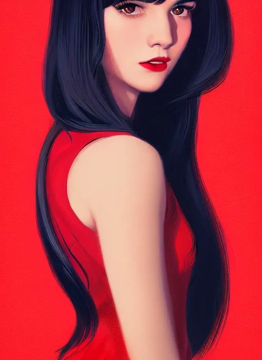 Image similar to portrait of veronica lodge with bangs, 1 9 6 0 s, long hair, red clothes, bangs, intricate, elegant, glowing lights, highly detailed, digital painting, artstation, concept art, smooth, sharp focus, illustration, art by wlop, mars ravelo and greg rutkowski