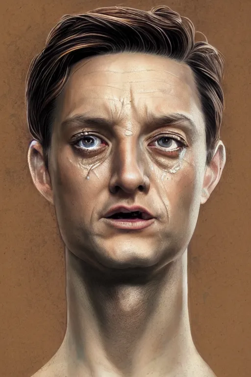 Image similar to a beautiful ultradetailed vintage photo of a toby maguire as spider man crying, by tom bagshaw and anna dittman, portrait, 2 4 mm lens, golden ratio composition, detailed face, studio photography, very detailed, humanoids, industrial robots, artstation, 8 k, highly coherent