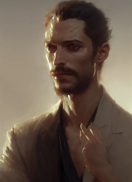 Prompt: Portrait of the most handsome maniac man, intricate, elegant, highly detailed, artstation, concept art, smooth, sharp focus, illustration, art by and greg rutkowski and orientalism and bouguereau