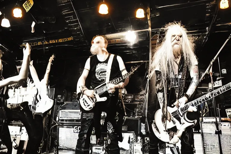 Prompt: energetic photo of a punk band performing live at CBGB with Gandalf as their lead singer