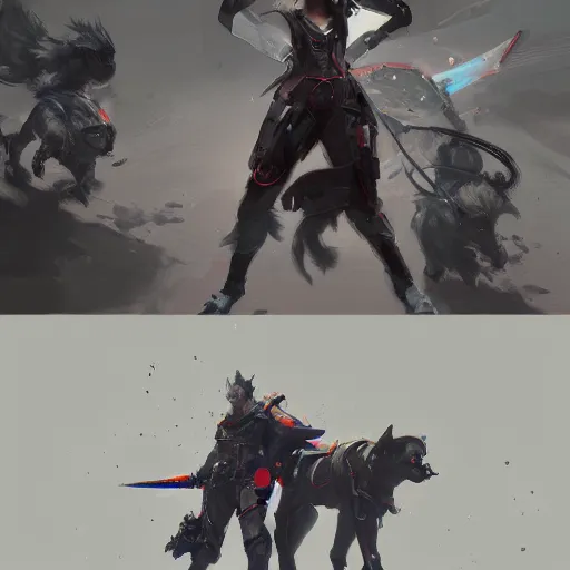 Image similar to 2d character concept art illustration, trending on artstation, by Ruan Jia, of a girl in a cyberpunk suit with three leashed battle dogs