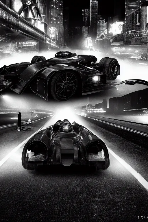 Image similar to the batmobile driving through gotham city at night. fluorescent light. pov from behind the wheel. octane render. 8 k. monochrome. black and white. mist. atmospheric. cinematic. imagined by laurie greasley.