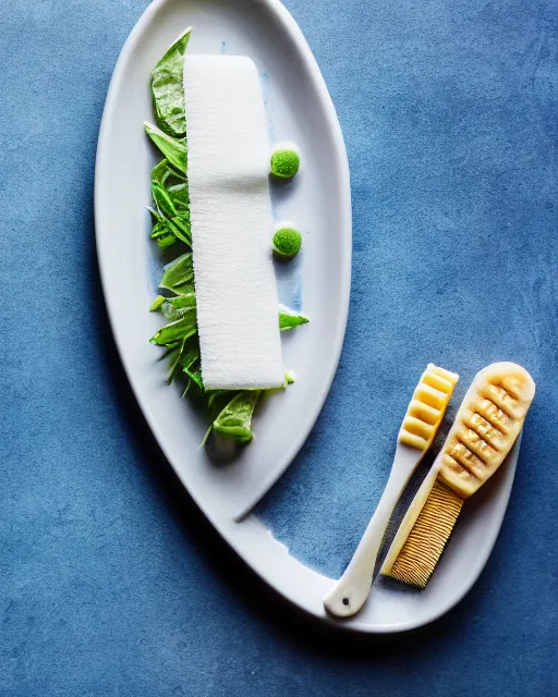 Prompt: elegant and fancy food photography of dish consisting of a toast with spreaded blue toothpaste and a toothbrush in a michelin star restaurant,