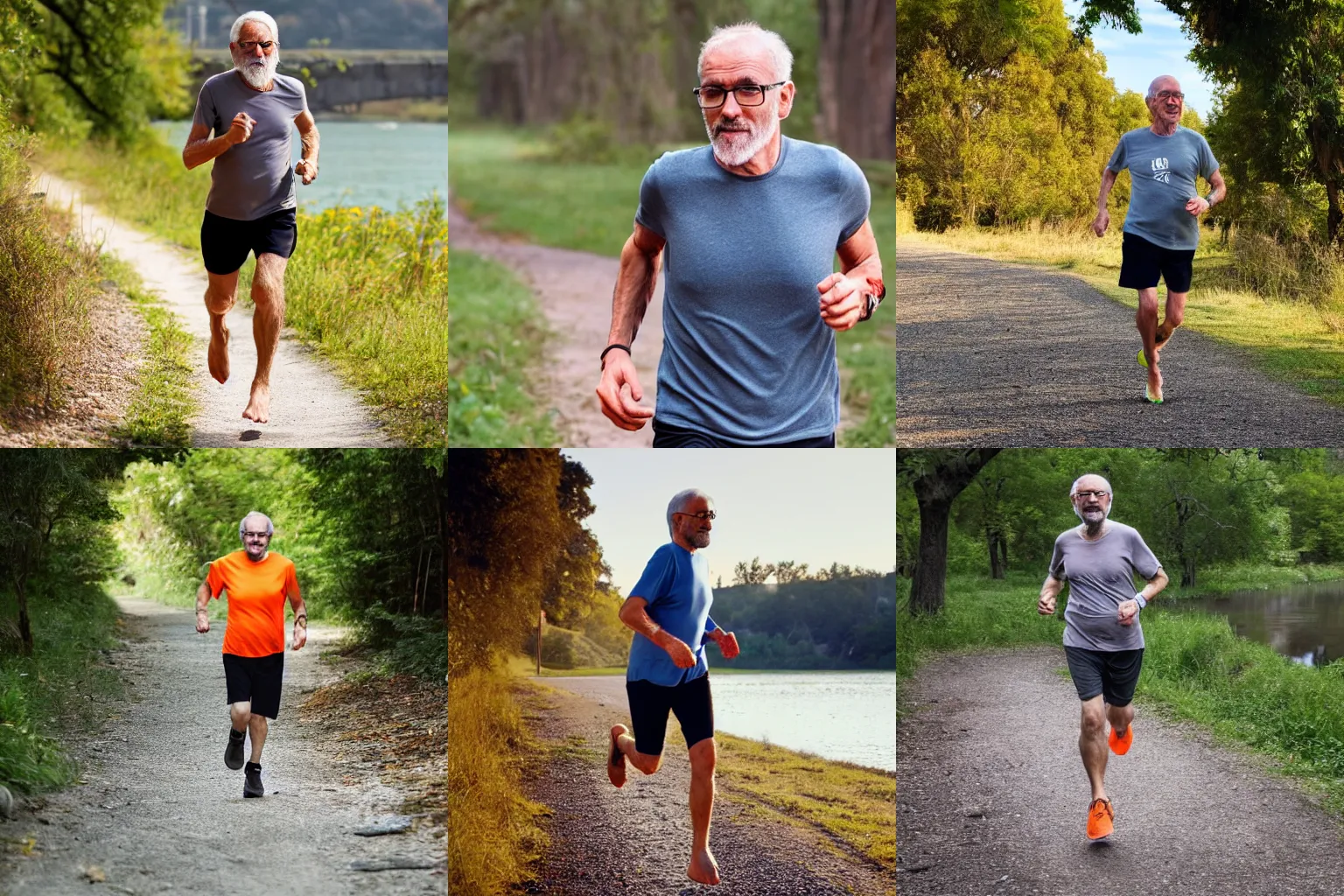 Prompt: a skinny old man with glasses, a short grey beard, orange t-shirt, running barefoot along a path beside a wide river