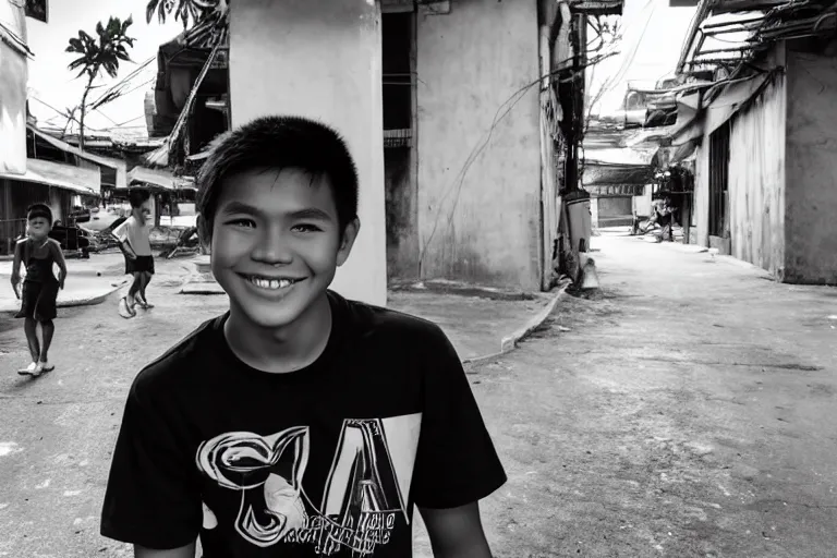 Image similar to still photo of a filipino teenange boy smiling at the camera on the street, black and white color aesthetic, highly detailed, photorealistic portrait, bright studio setting, studio lighting, crisp quality and light reflections, unreal engine 5 quality render