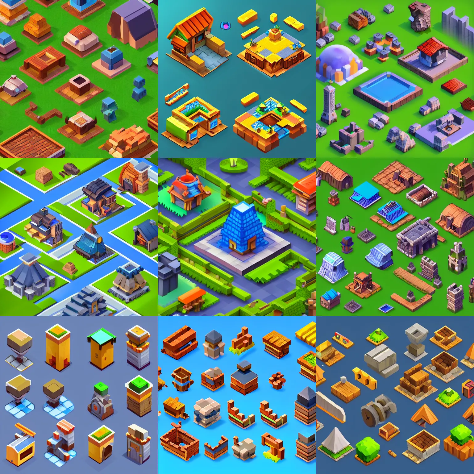 Prompt: collection of isometric building sprites, very very very solid background, clash of clans style, modular game dev art