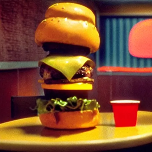 Image similar to the strange cheeseburger creature at the fast food place, film still from the movie directed by denis villeneuve and david cronenberg with art direction by salvador dali and zdzisław beksinski, wide lens