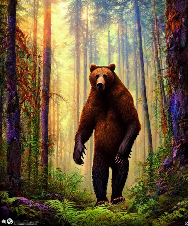 Image similar to a realistic brown bear, walking through a psychedelic forest, wide angle landscape shot, pixar style by tristan eaton, artgerm and tom bagshaw