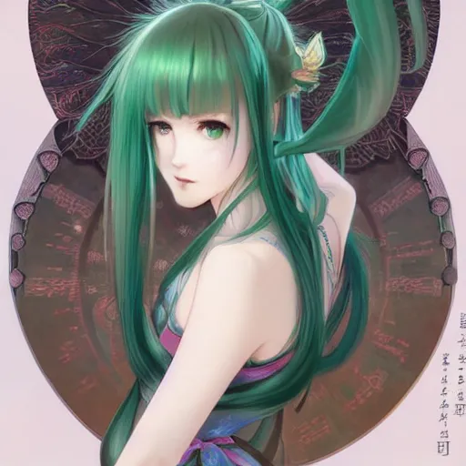 Prompt: adult girl with long light green hair, light green eyes, a small pigtail on the left side, chinese dress, anime style, hyper detailed, illustration, digital painting, art by artgerm and greg rutkowski and alphonse mucha, high delicate defined details, anime stylized, highly detailed, realistic, sharp focus