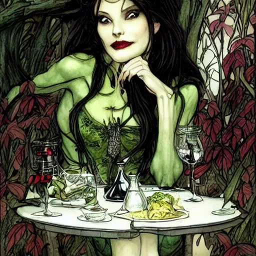 Image similar to a beautiful picture of doctor poison ivy professor of botany and doctor liliana onyx professor of demonology having lunch, academic clothing, dark eyeliner, intricate, elegant, highly detailed, digital painting, artstation, concept art, matte, sharp focus, illustration, art by rebecca guay and by arthur rackham and by john william waterhouse