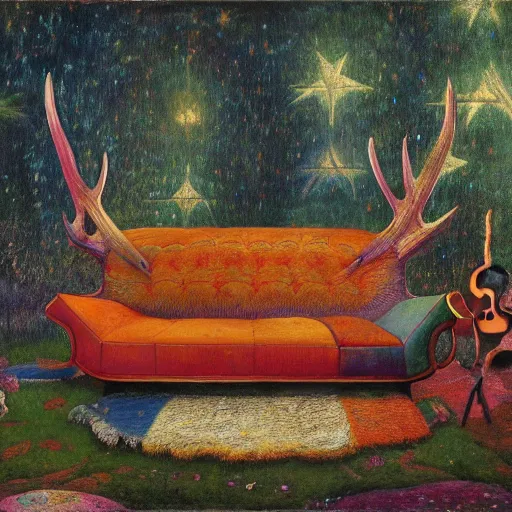 Image similar to psychedelic couch sofa in the lush pine forest, milky way, guitar, moose antlers, designed by arnold bocklin, jules bastien - lepage, tarsila do amaral, wayne barlowe and gustave baumann, cheval michael, trending on artstation, star, sharp focus, colorful refracted sparkles and lines, soft light, 8 k 4 k