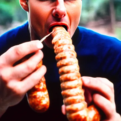 Image similar to photo of tom cruise eating a sausage, cinestill, 8 0 0 t, 3 5 mm, full - hd