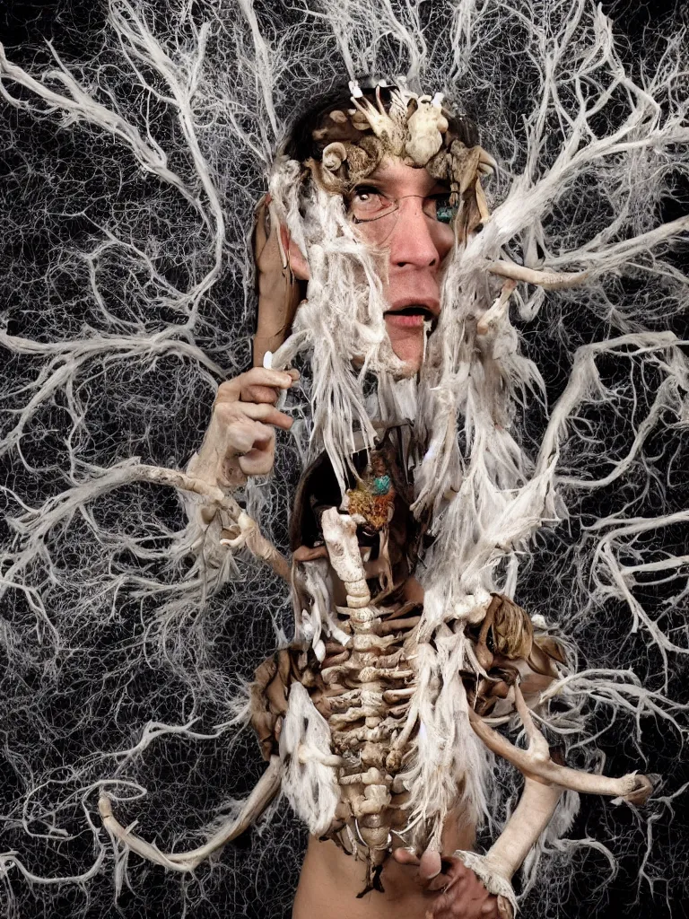 Prompt: a shaman with bone virtual reality brain to brain sensing interface headset made of fungal mycelial feathered mats, dressed with biomechanoid exoskeleton biocouture, dancing inside time machine space time tunnel