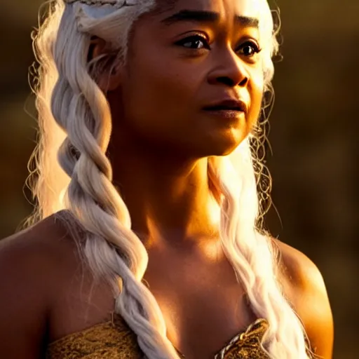 Prompt: tatyana ali as daenerys targaryen golden hour cinematic