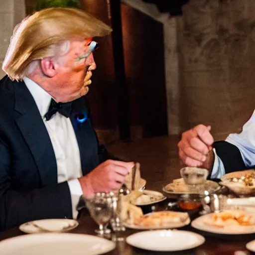 Image similar to Trump and Biden having dinner at a fancy Balinese restaurant, award winning photography, 85mm, perfect faces