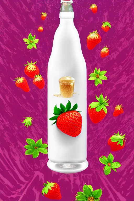 Prompt: a hyperdetailed exquisite delicate strawberry and floating milk fluid poster, plane illustration, fight with strawberries, the milk is not in the bottle, top milk brands, 4 k hd wallpaper illustration, package cover, golden curve composition