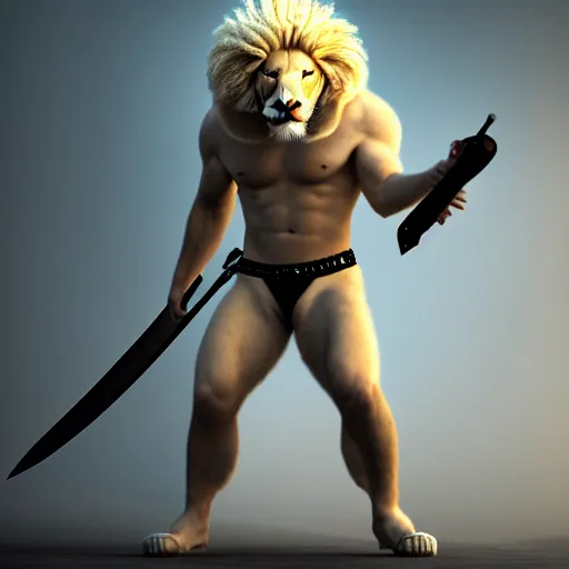 Prompt: commission of a fit male anthro albino lion holding a sword, science fiction industrial hard science concept art, 8K render octane high definition cgsociety